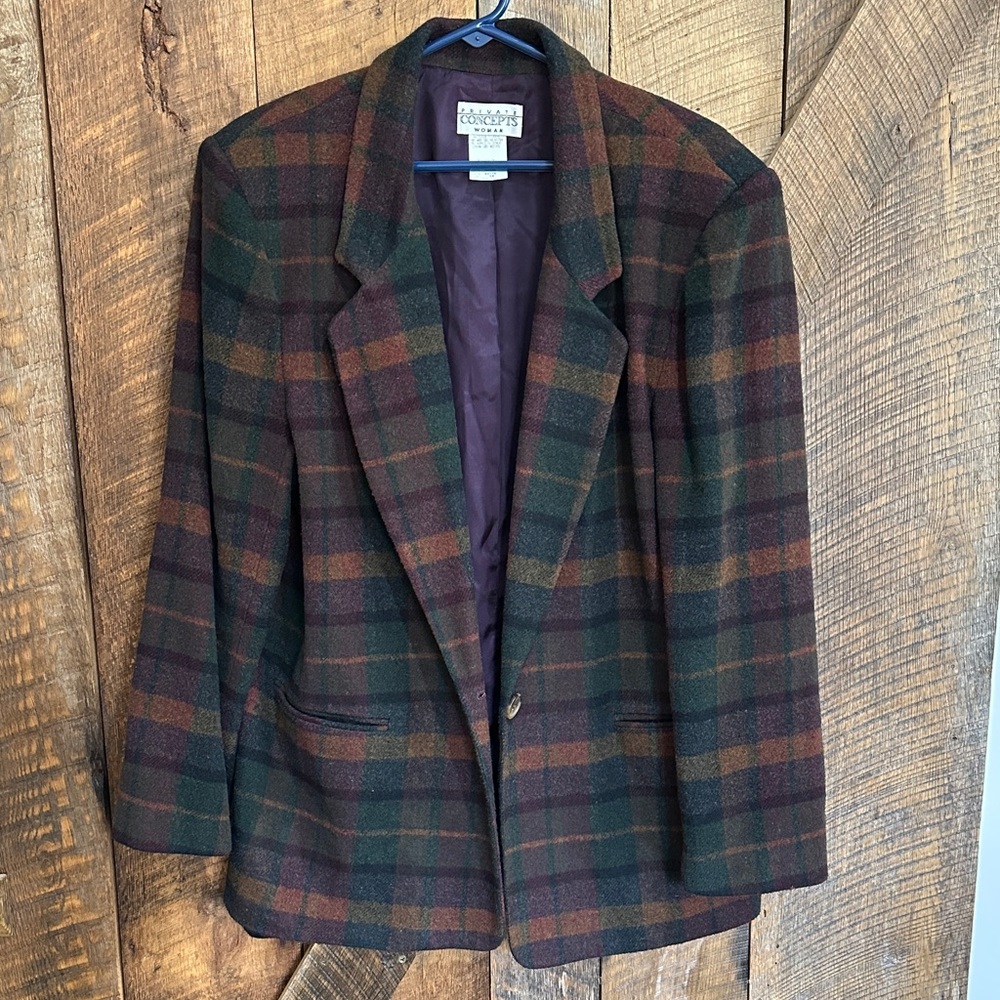 Vintage Private Concepts Woman Plaid Wool Blend Blazer Size 16 E20